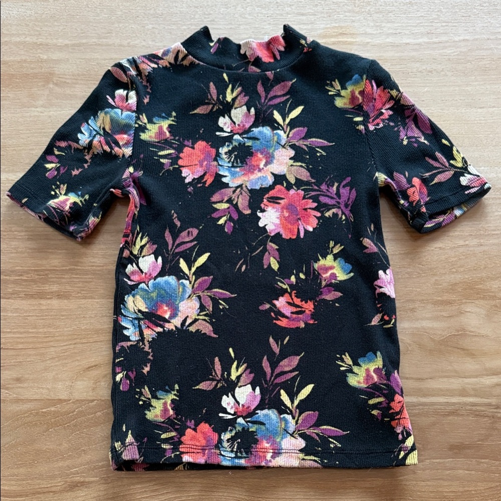 GAP Kids Floral Top - Black with Multicolor Flowers.